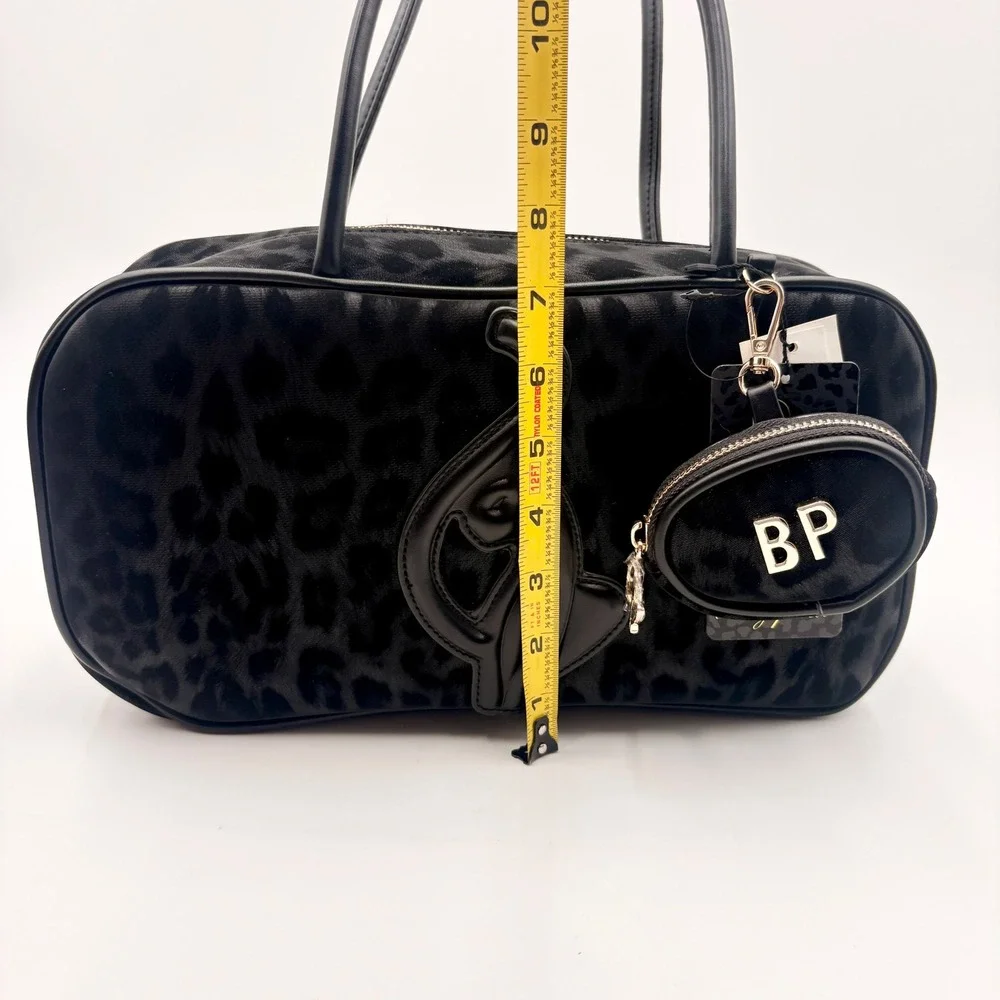 Baby Phat Black Leopard Print Velvet Handbag with Cat Applique Coin Purse Y2k